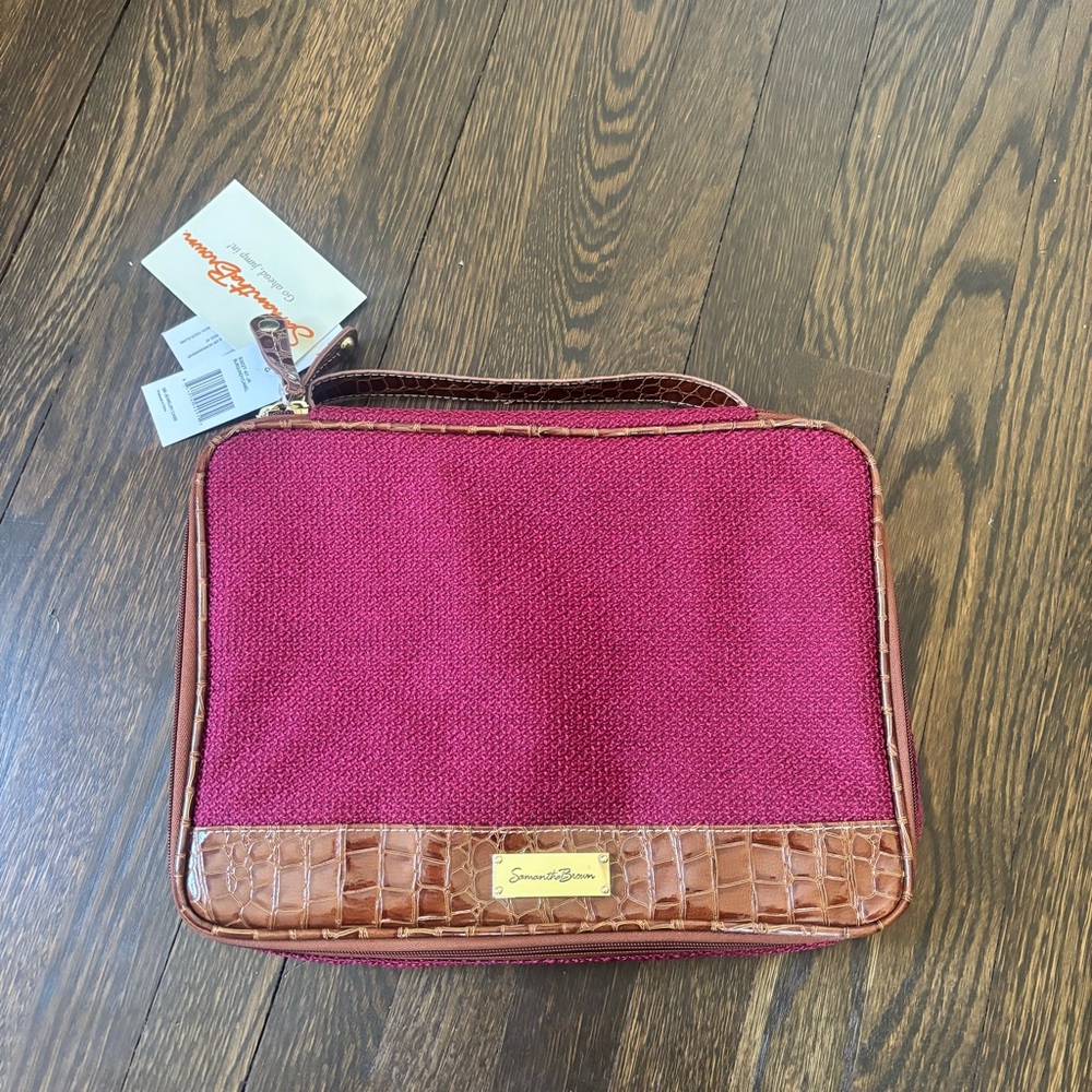 NWT Samantha Brown Luggage Jewelry Case Cosmetic Bag Faux Croc Burgundy & Brown